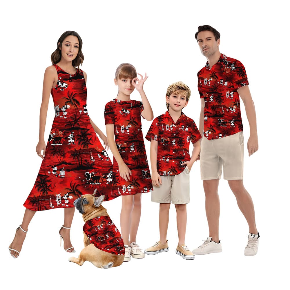 Cute Mickey Steamboat Willie Tropical Sunset Beach Matching Family Hawaiian Outfits
