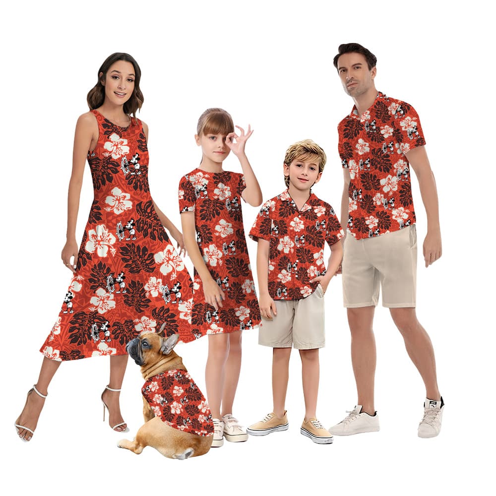 Cute Mickey Steamboat Willie Vintage Hibiscus Matching Family Aloha Shirts