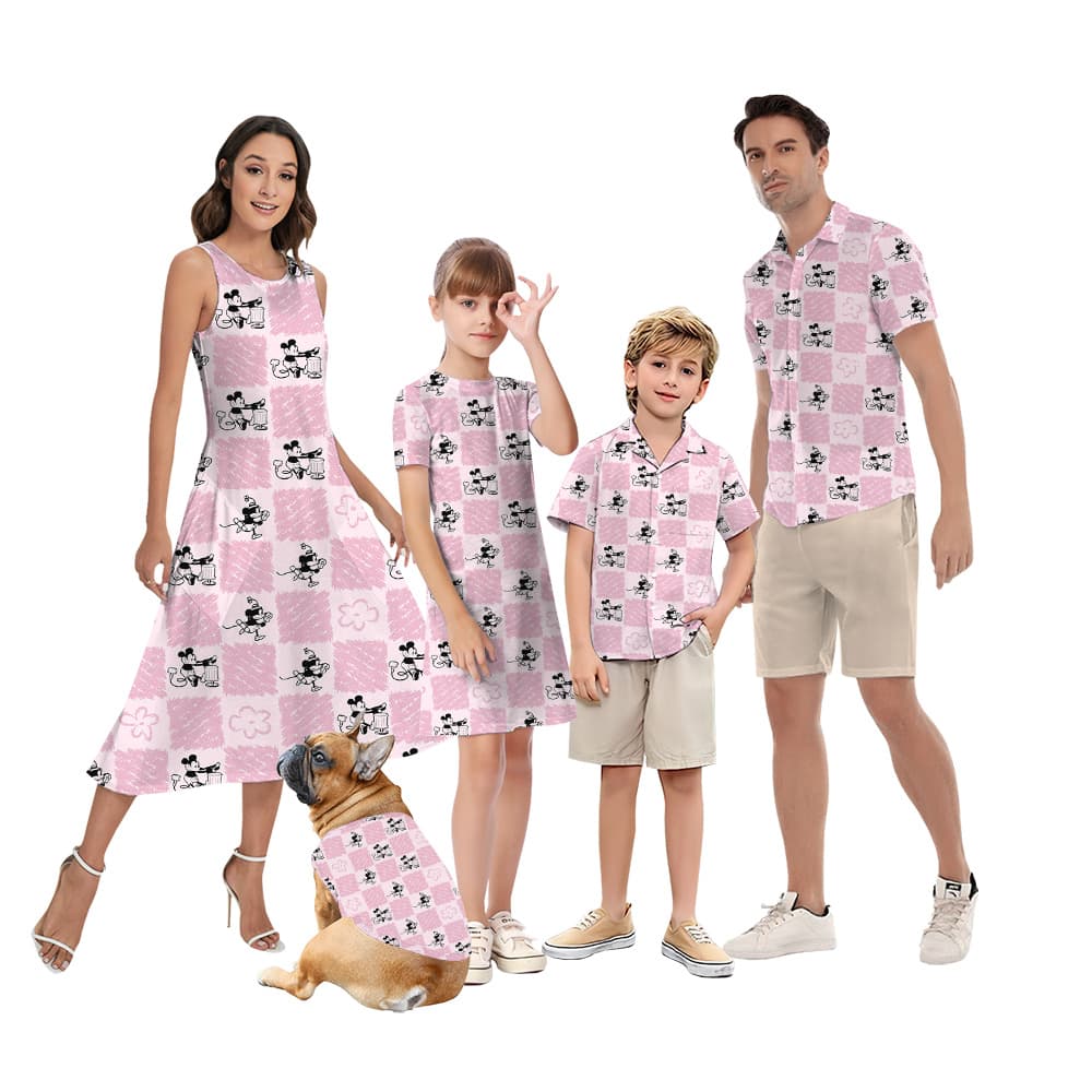 Cute Steamboat Willie Mickey Floral Pink Family Matching Hawaiian Outfits