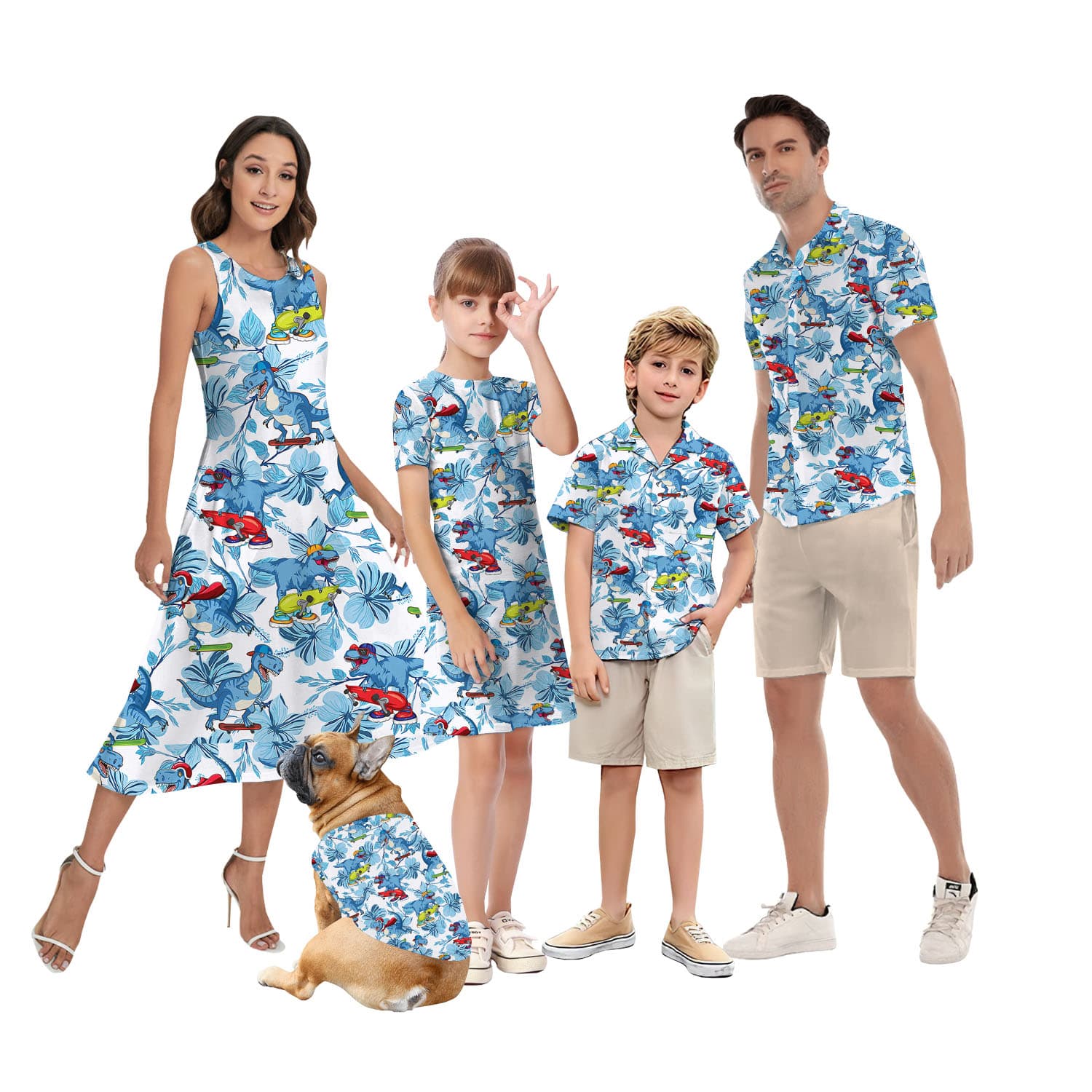 Dinosaur White And Blue Matching Hawaiian Shirt1