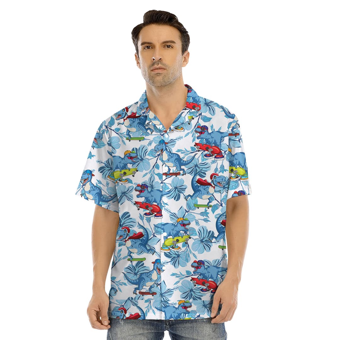 Dinosaur White And Blue Matching Hawaiian Shirt1