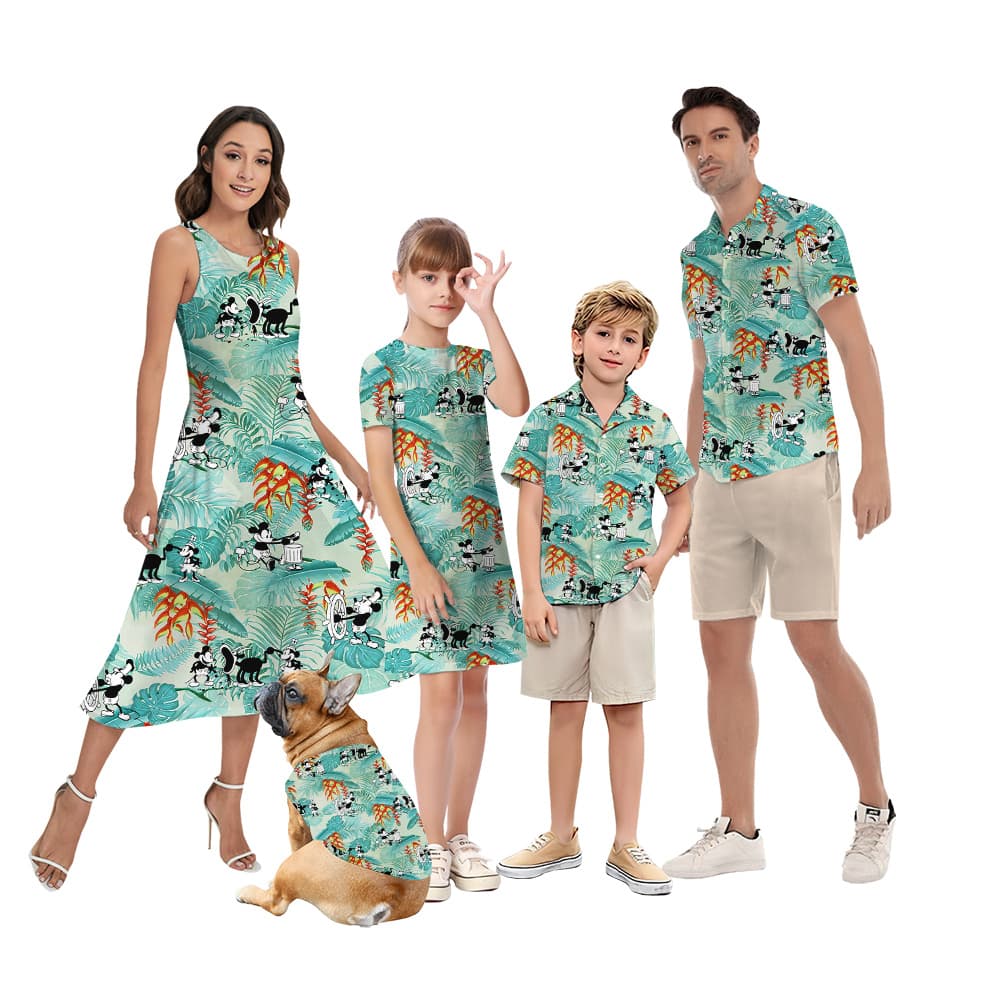 Family Matching Mickey And Minnie Tropical Blue Hawaiian Shirts