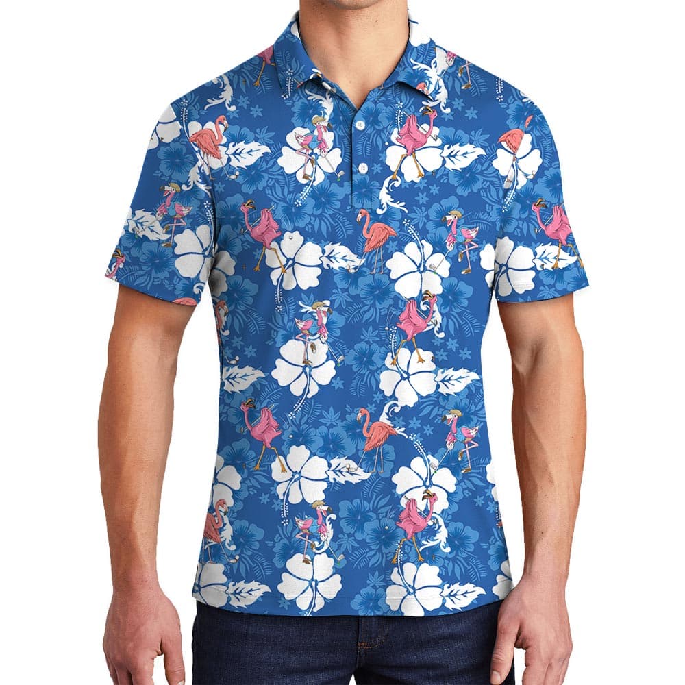 Flamingo Hibiscus Hawaiian Golf Shirt Men's Polo, Golf Hawaiian polo shirt, flamingo gold shirt
