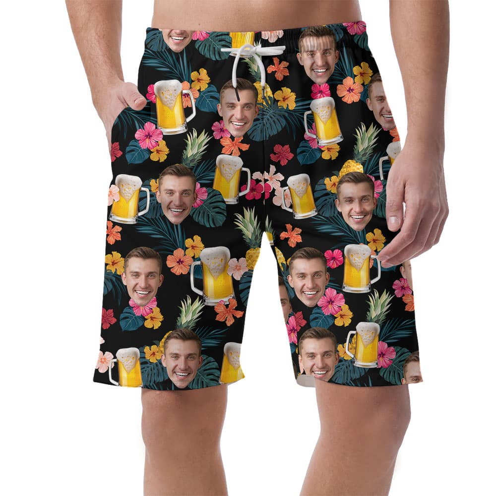 Floral Beer Print Hawaiian Shorts With Custom Face1