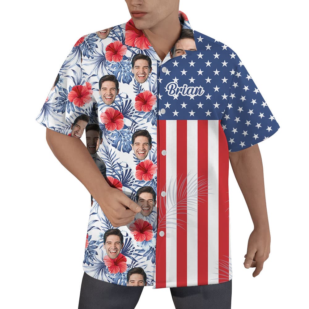 Fourth Of July Color Block Hawaiian Shirt With Custom Face1