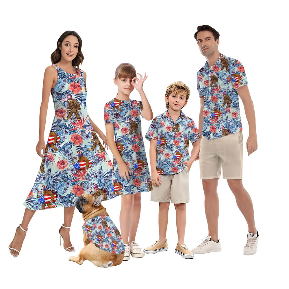 Funny 4th Of July Bigfoot Floral Matching Family Hawaiian Outfits