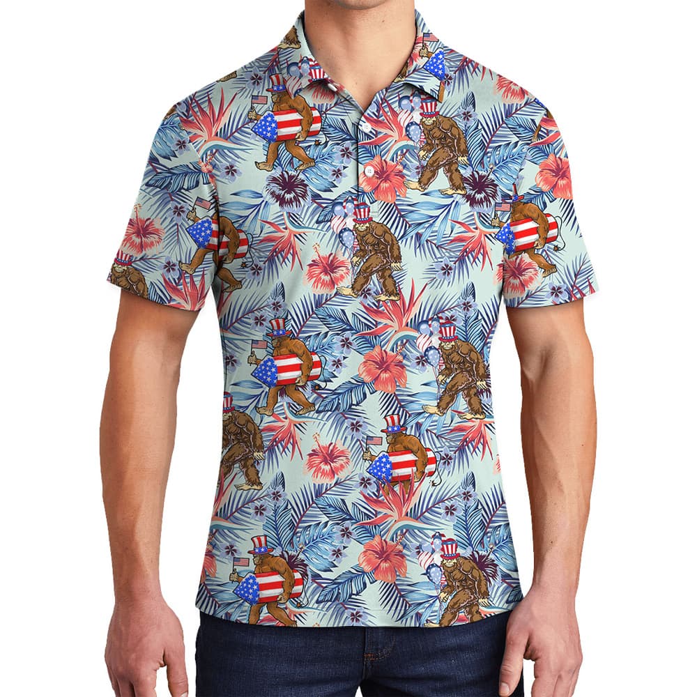 Funny 4th Of July Sasquatch Tropical Hawaiian Polo Shirt For Men