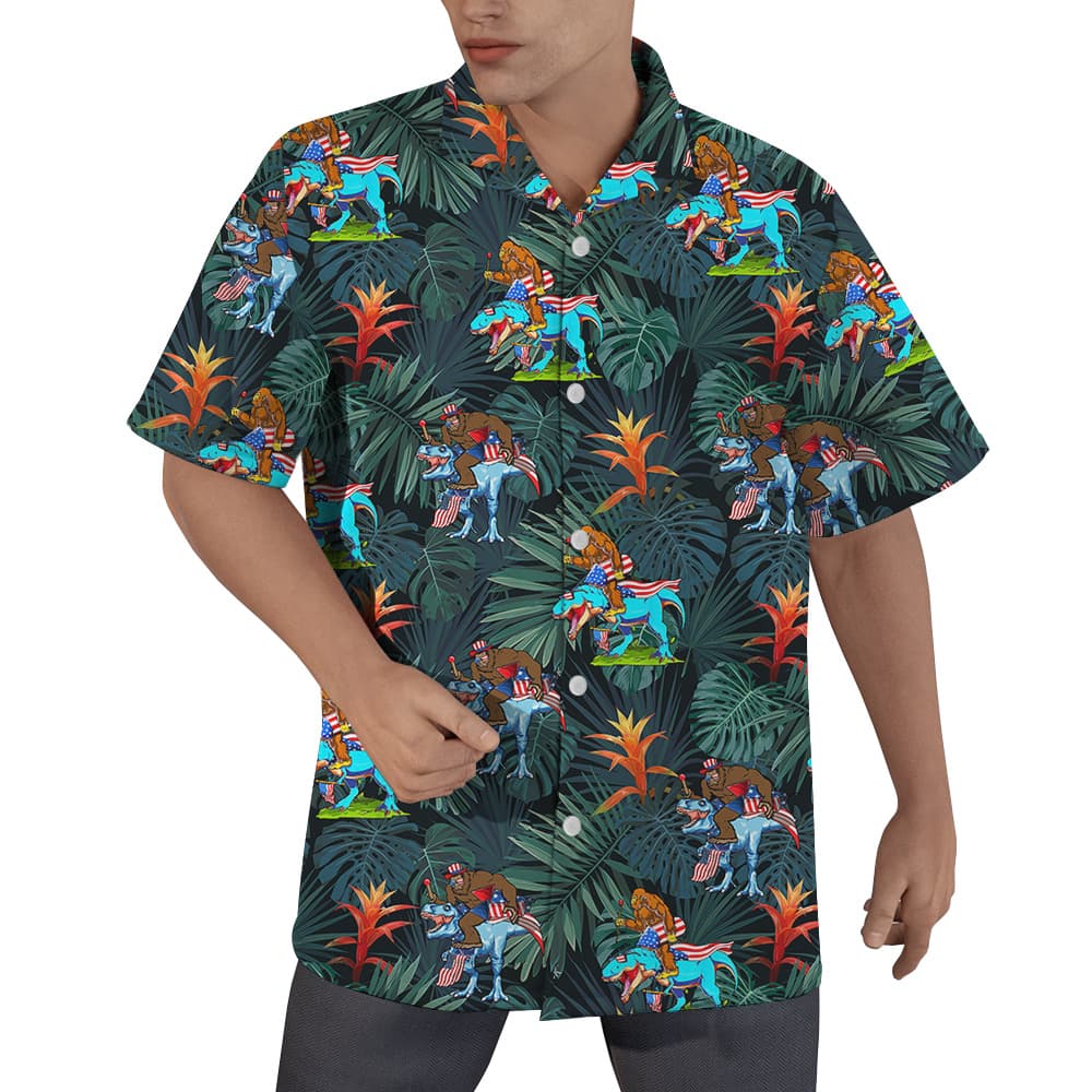 Funny Bigfoot Dinosaur 4th Of July Tropical Hawaiian Button Up Shirt (1)