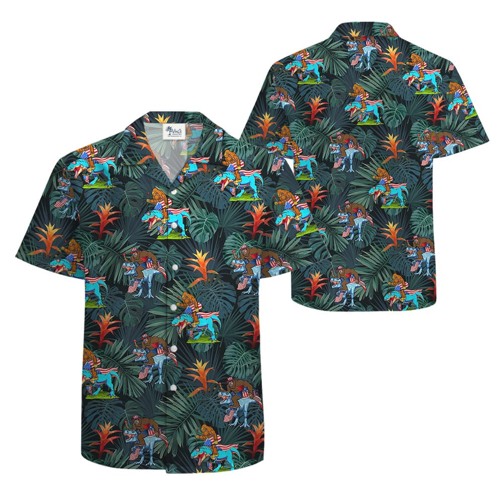 Funny Bigfoot Dinosaur 4th Of July Tropical Hawaiian Button Up Shirt