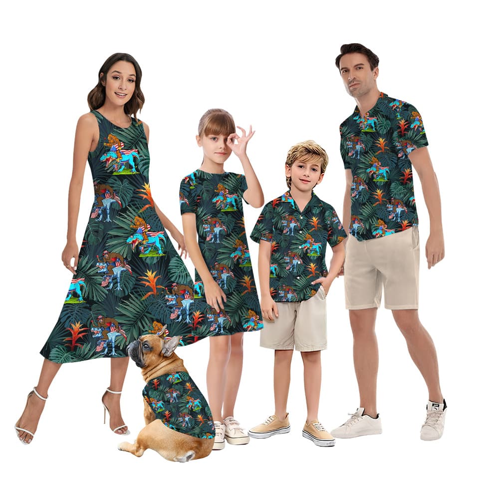 Funny Bigfoot Dinosaur Family Matching Tropical Hawaiian Outfits