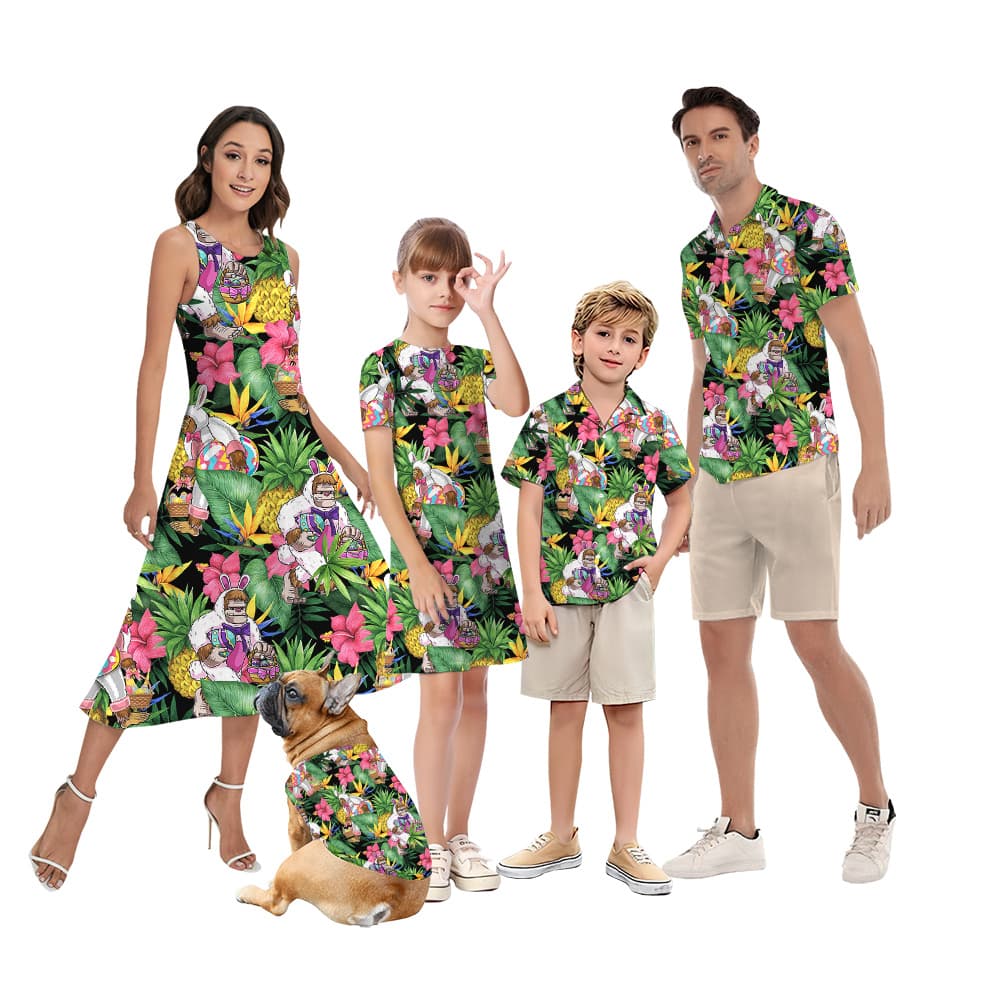 Funny Bigfoot Easter Tropical Family Matching Hawaiian Shirts
