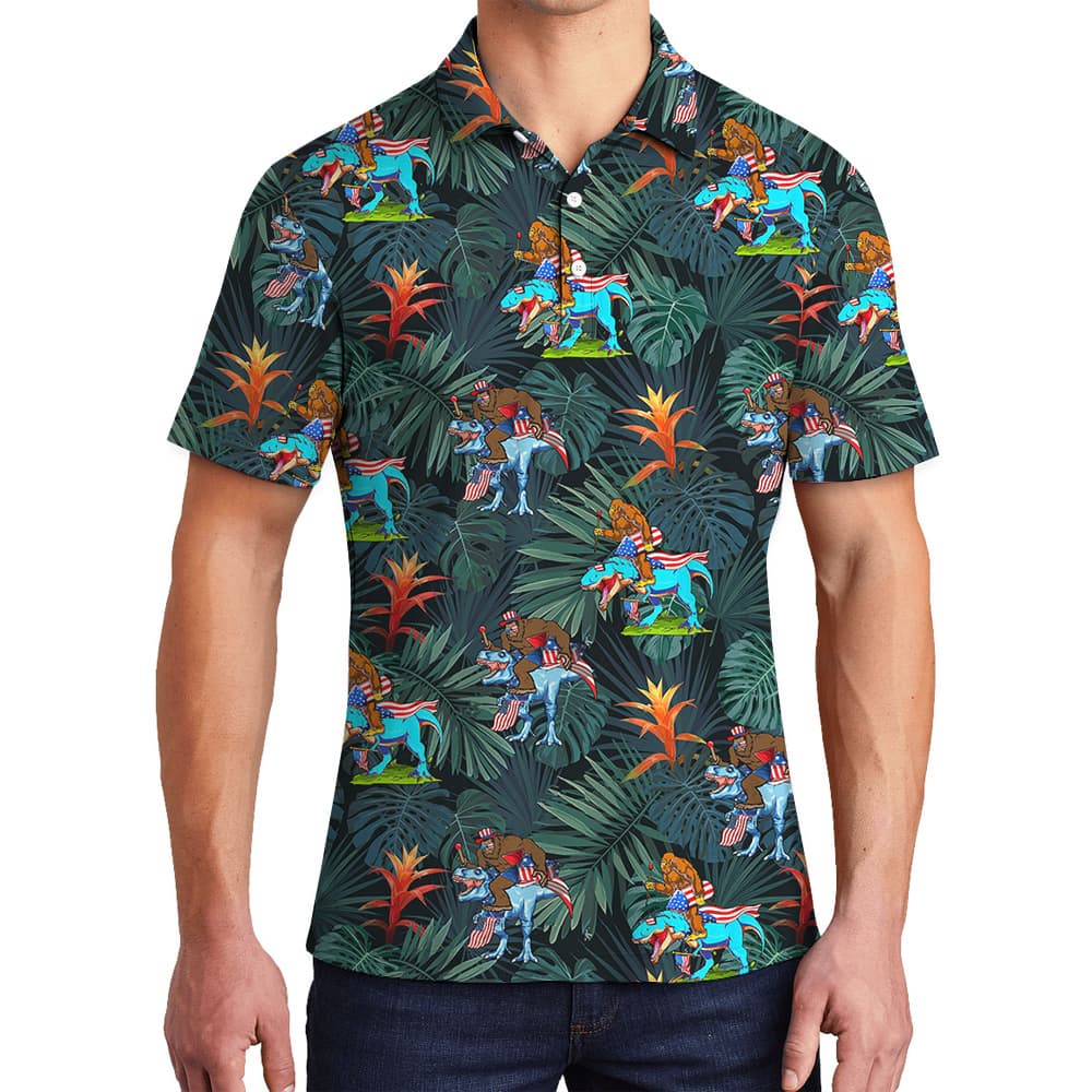 Funny Bigfoot Riding Dinosaur 4th Of July Tropical Hawaiian Polo Shirt
