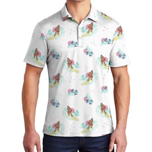 Funny Bigfoot Surfing Hawaiian Polo Shirt Men