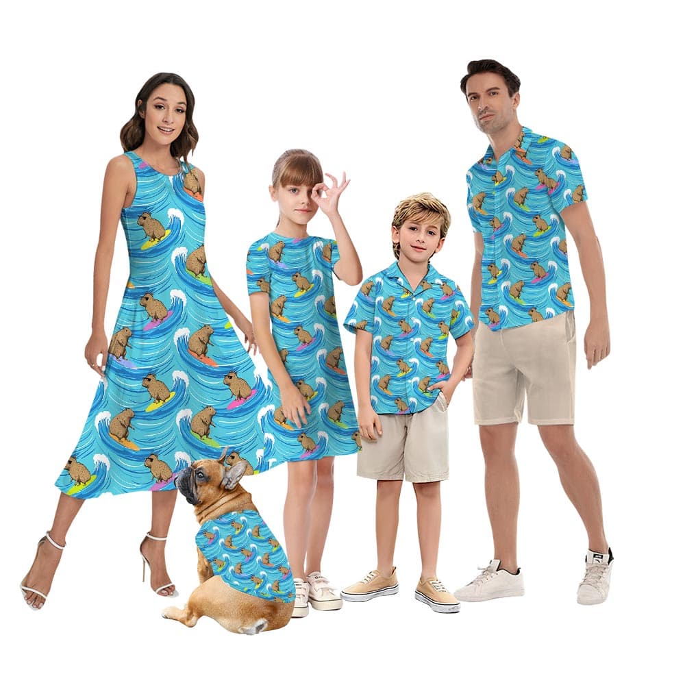 Funny Capybara Surfing Matching Hawaiian Outfits For Family, Matching Hawaiian Shirt And Dress For Family