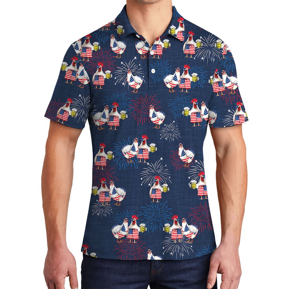 Funny Chicken White Red And Blue Polo Shirt For 4th Of July4