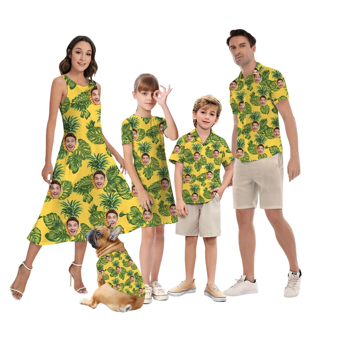 Funny Custom Face Matching Family Hawaiian Shirts Shorts And Dress, Matching Hawaiian Outfits, Family Matching Luau Outfits