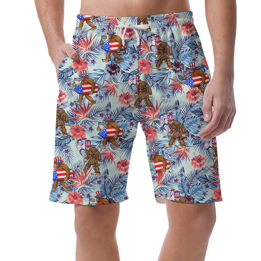 Funny Patriotic Sasquatch Tropical Hawaiian Beach Shorts For Men