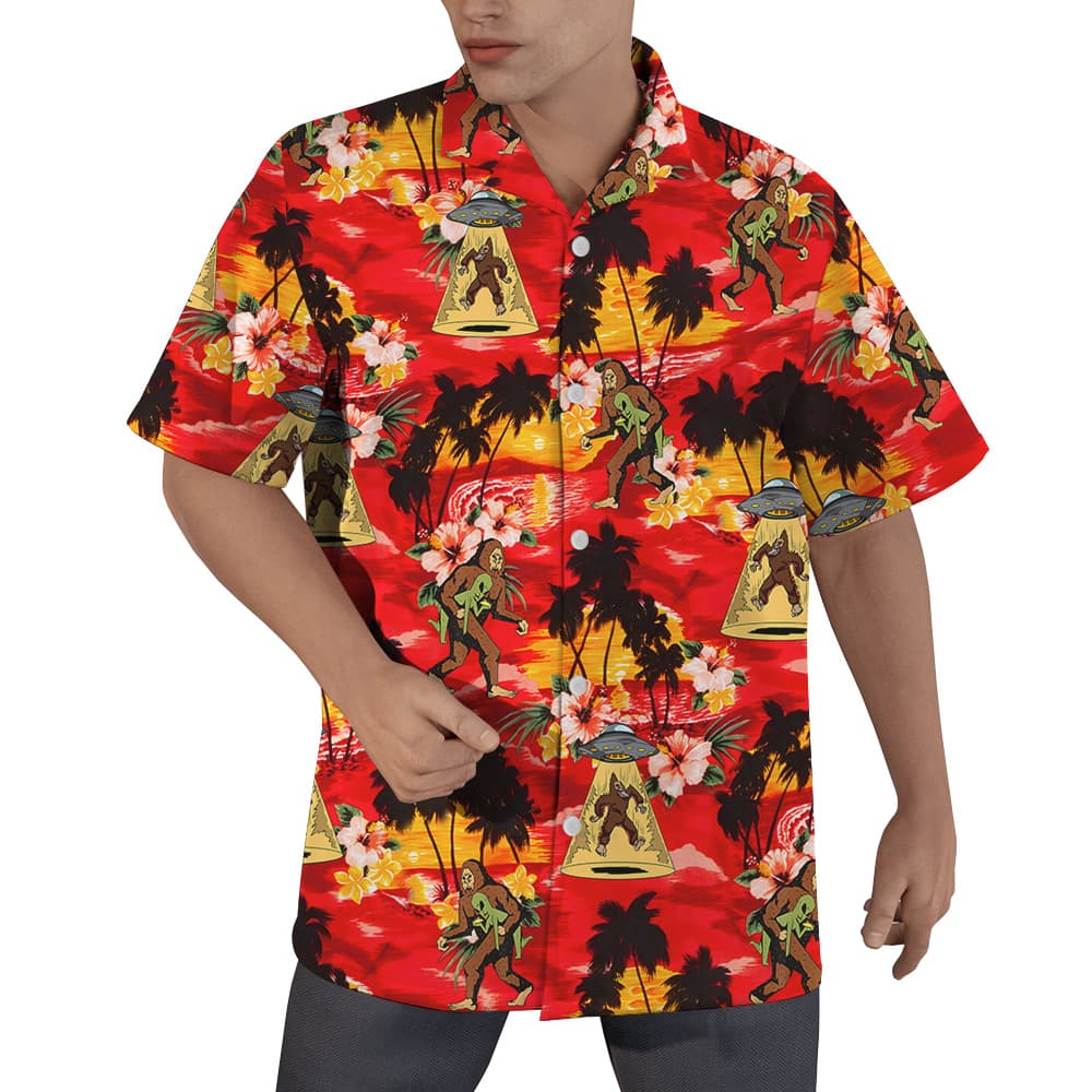 Funny Sasquatch Alien UFO Tropical Sunset Beach Hawaiian Shirt (2)