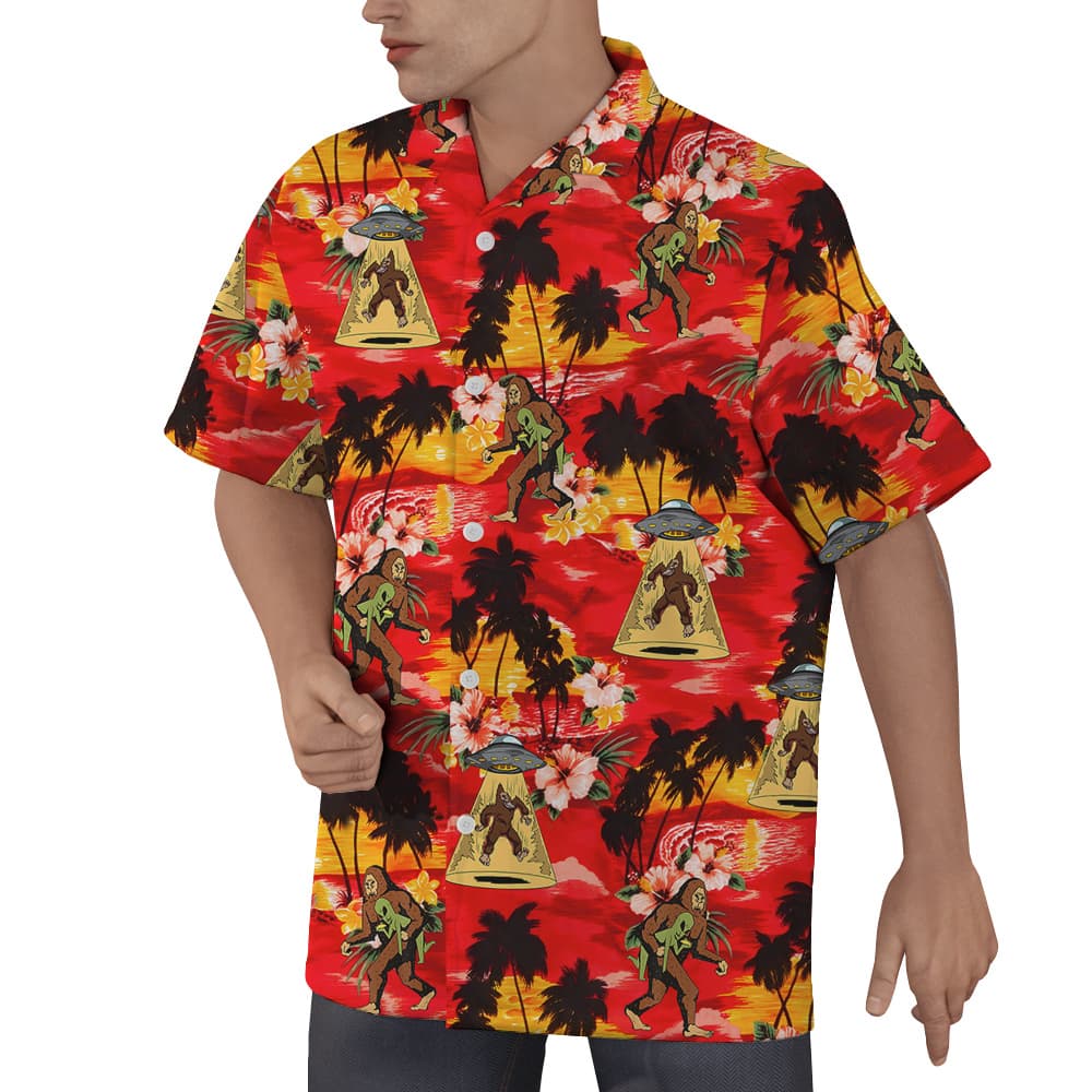 Funny Sasquatch Alien UFO Tropical Sunset Beach Hawaiian Shirt