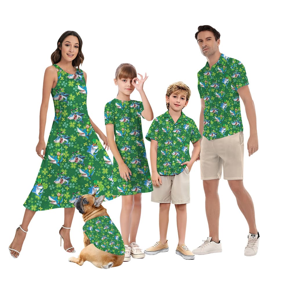 Funny St Patrick Shark Family Matching Hawaiian Shirts