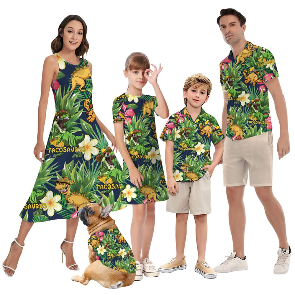 Funny Taco Dinosaur Tropical Matching Hawaiian Outfits For Family