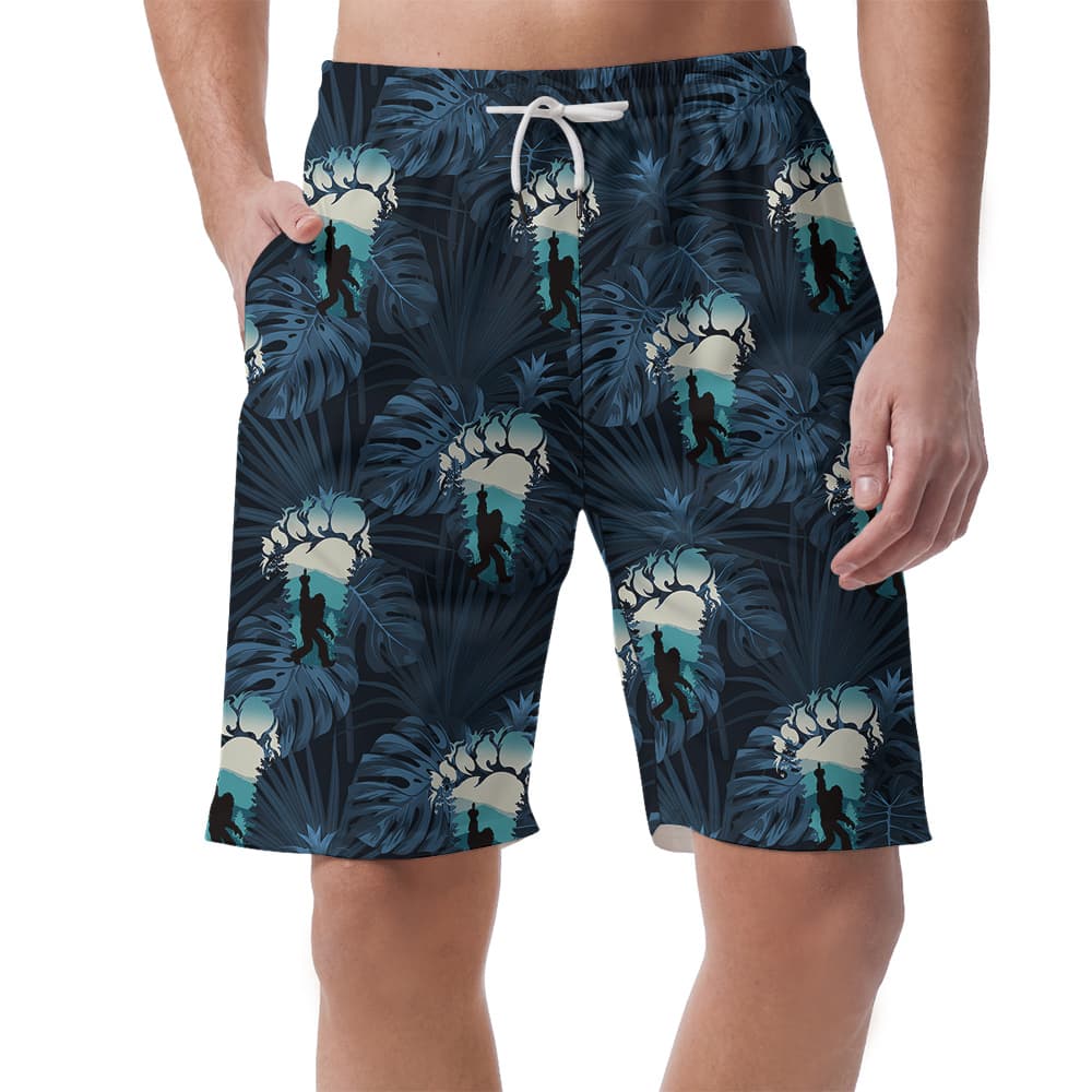 Funny Tropical Bigfoot Navy Hawaiian Beach Shorts For Men
