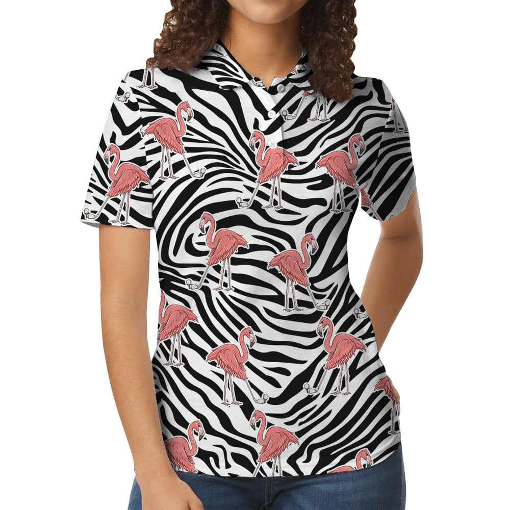 Golf Polos For Women With Flamingo Zebra Pattern1