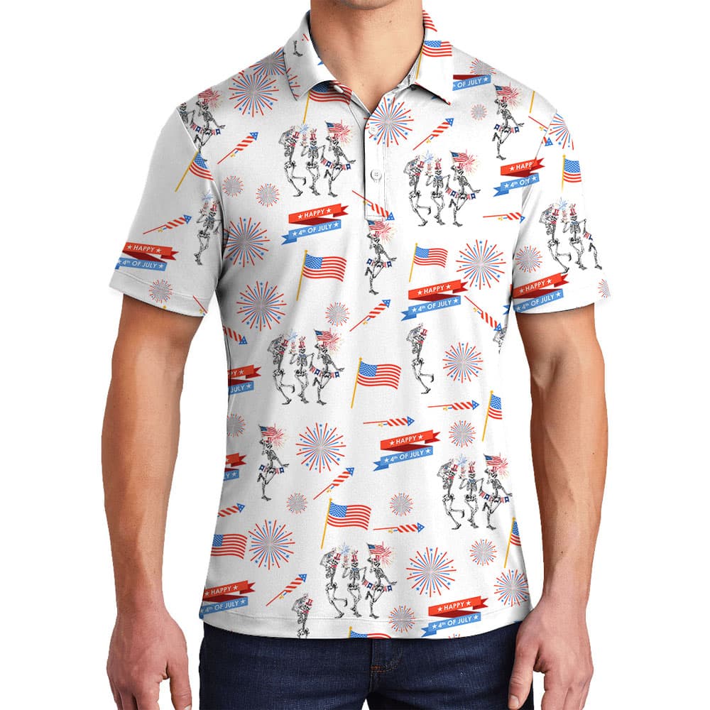 Happy Skeleton Independence Day Polos For Men4