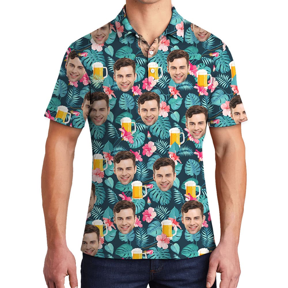 Hawaiian Beer Print Hibiscus Polo for Men4