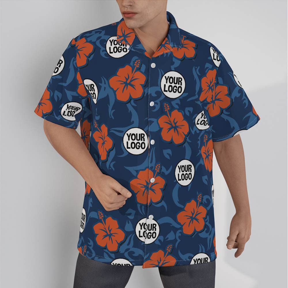 Hibiscus Custom Logo Bulk Hawaiian Shirt Navy, Custom Hawaiian Shirt With Company Logo