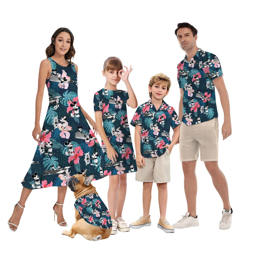 Hibiscus Mickey Mouse Steamboat Willie Matching Hawaiian Shirts For Family