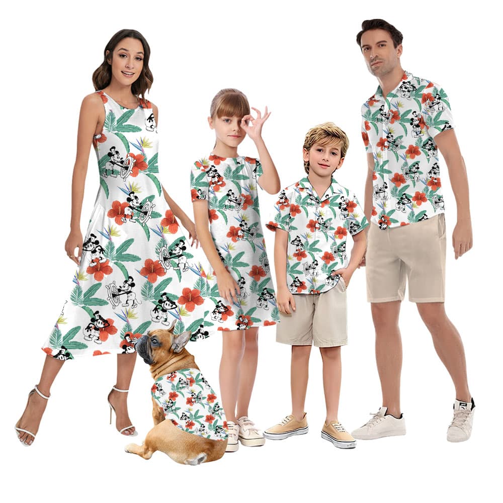 Hibiscus Mickey Steamboat Willie Matching Hawaiian Shirts1