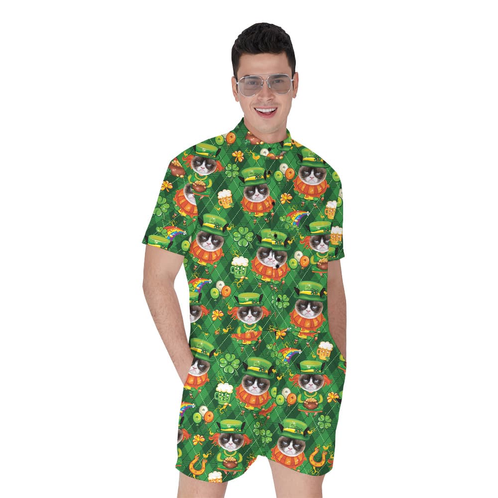 Lucky Meow Custom Cat Face St Patricks Day Men Romper1