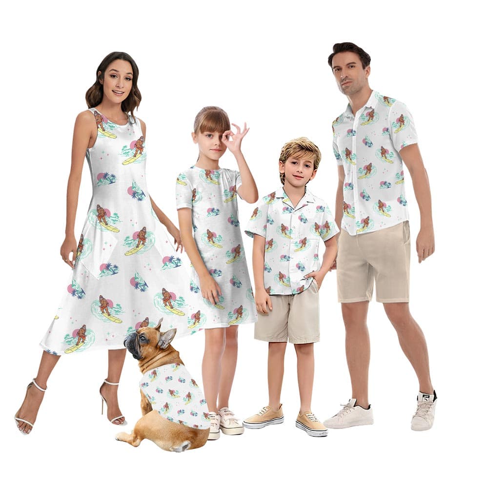Matching Bigfoot Surfing Hawaiian Outfits For Adults and Kids