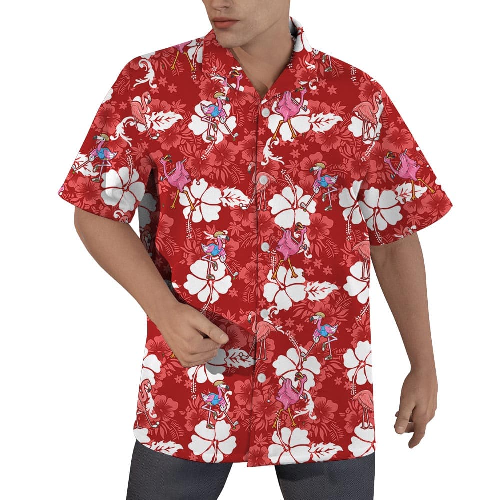 Men's Golf Flamingo Hawaiian Shirt Red Hibiscus