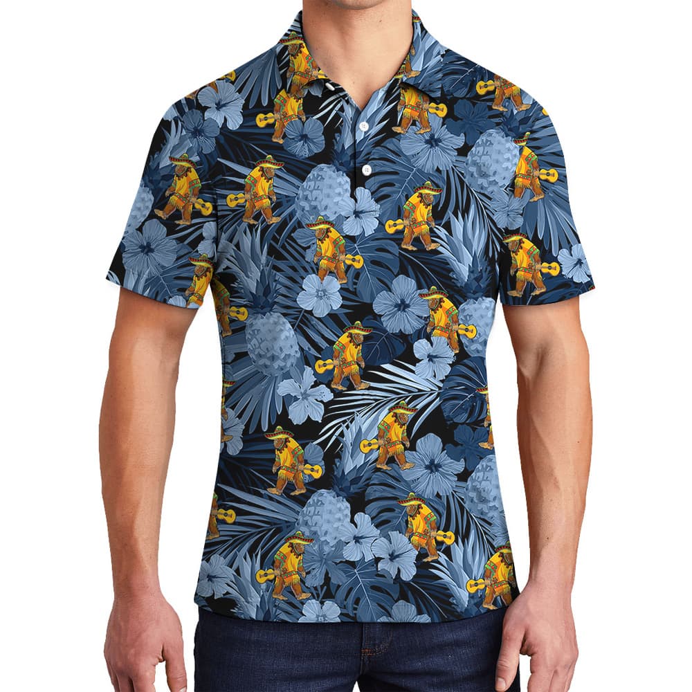 Mexican Bigfoot Tropical Blue Hawaiian Polo Shirt For Men