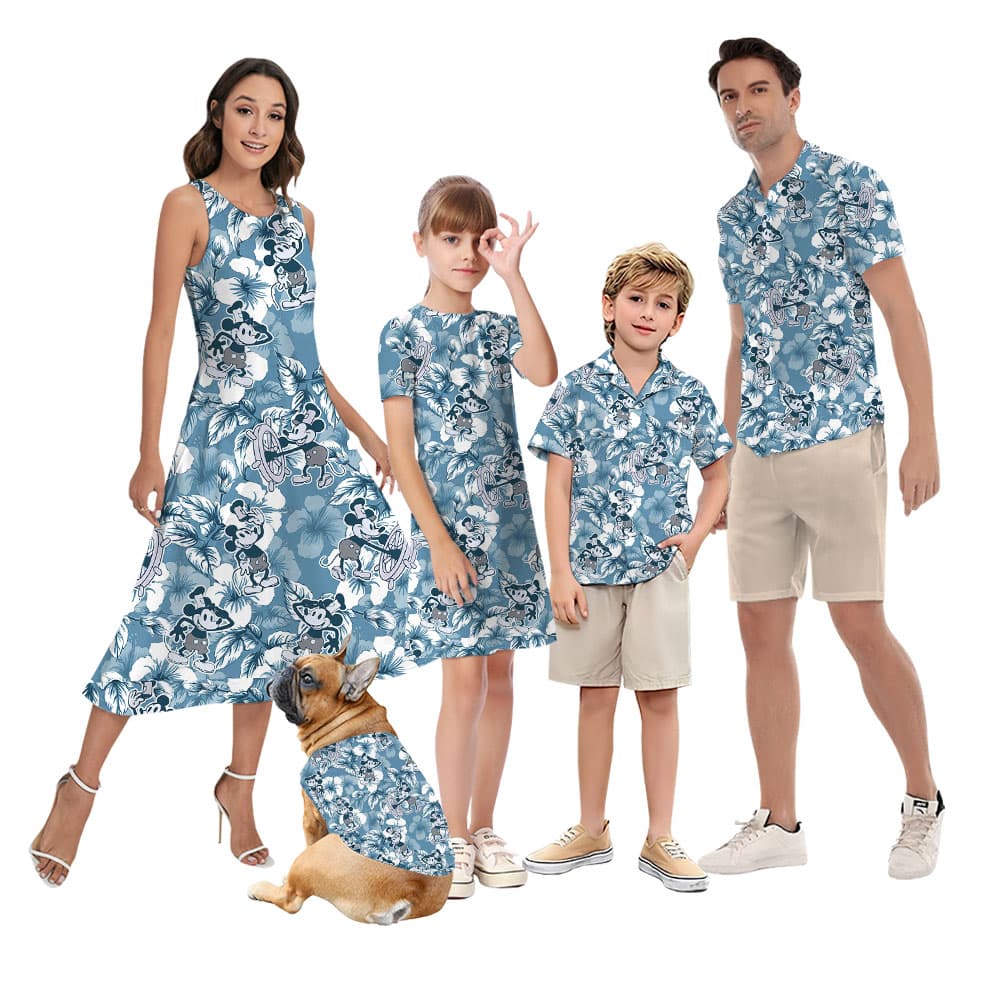 Mickey Mouse Steamboat Willie Blue Matching Hawaiian Shirt For Family1