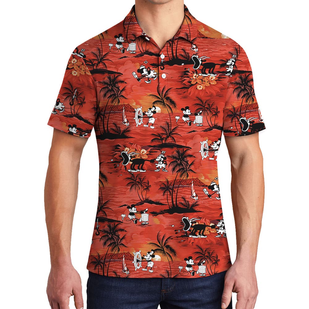 Mickey Mouse Tropical Palm Tree Orange Hawaiian Polo Golf Shirt