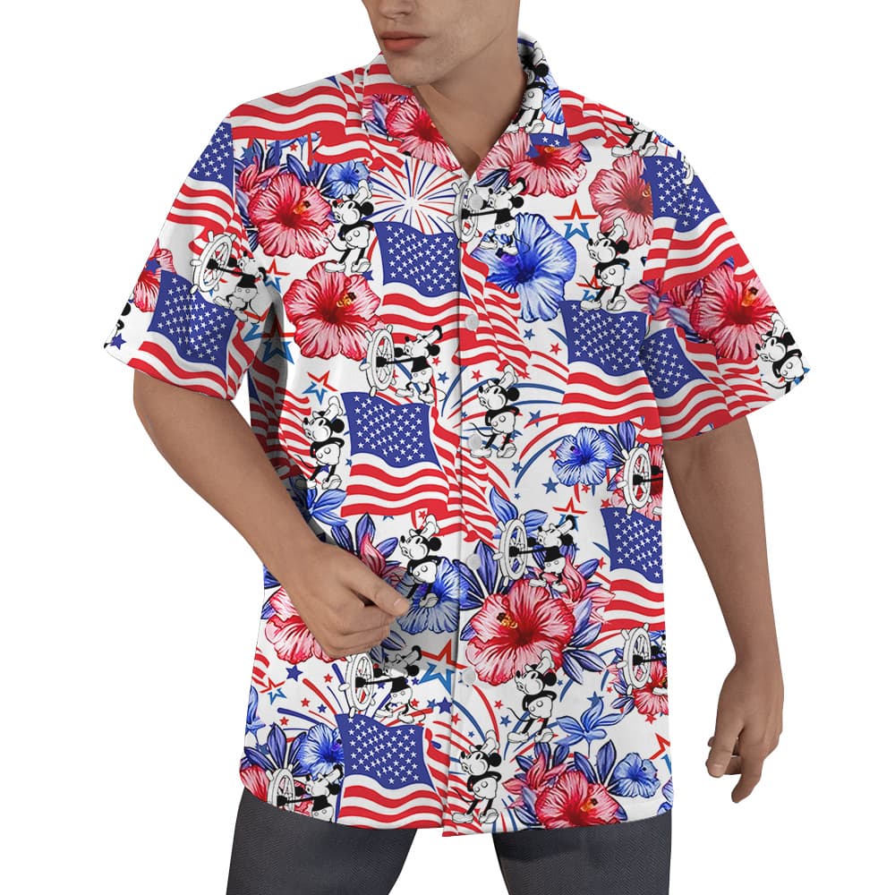 Mickey Steamboat Willie 1928 Patriotic Hawaiian 4th of July Men’s Shirt1