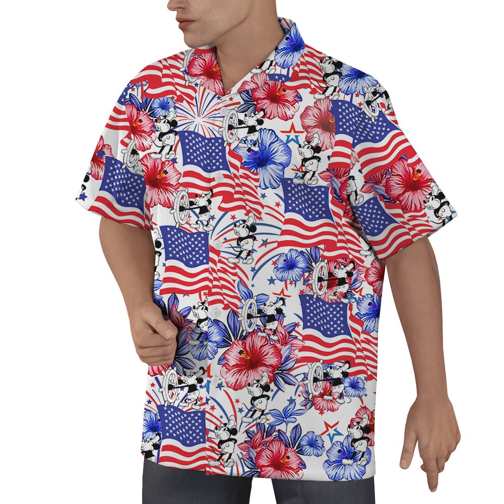 Mickey Steamboat Willie 1928 Patriotic Hawaiian 4th of July Men’s Shirt
