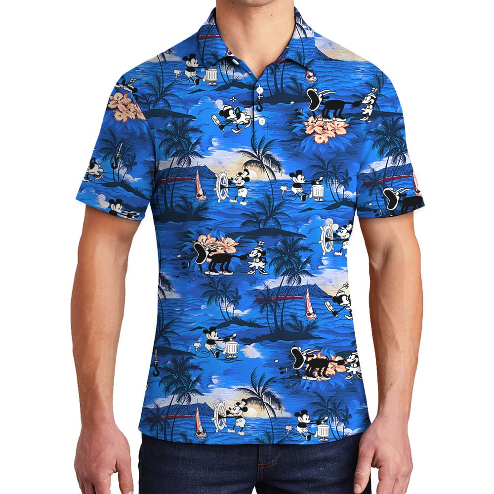 Navy Tropical Beach Theme Mickey Mouse Vintage Hawaiian Polo Shirt