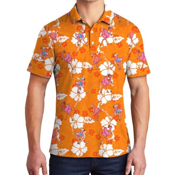 Orange Men's Golf Hawaiian Polo Shirt With Flamingo