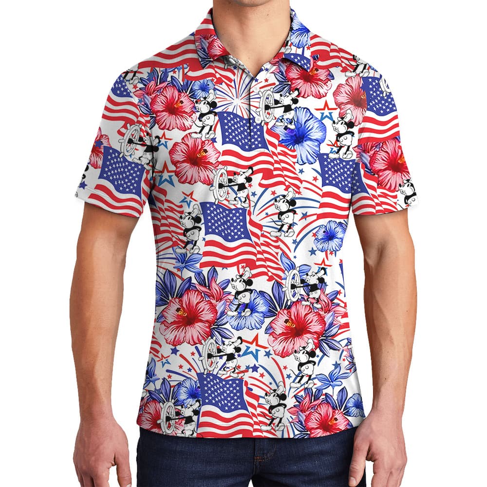 Patriotic Mickey Hawaiian Shirt Steamboat Willie 1928 4th of July Men’s Polo1