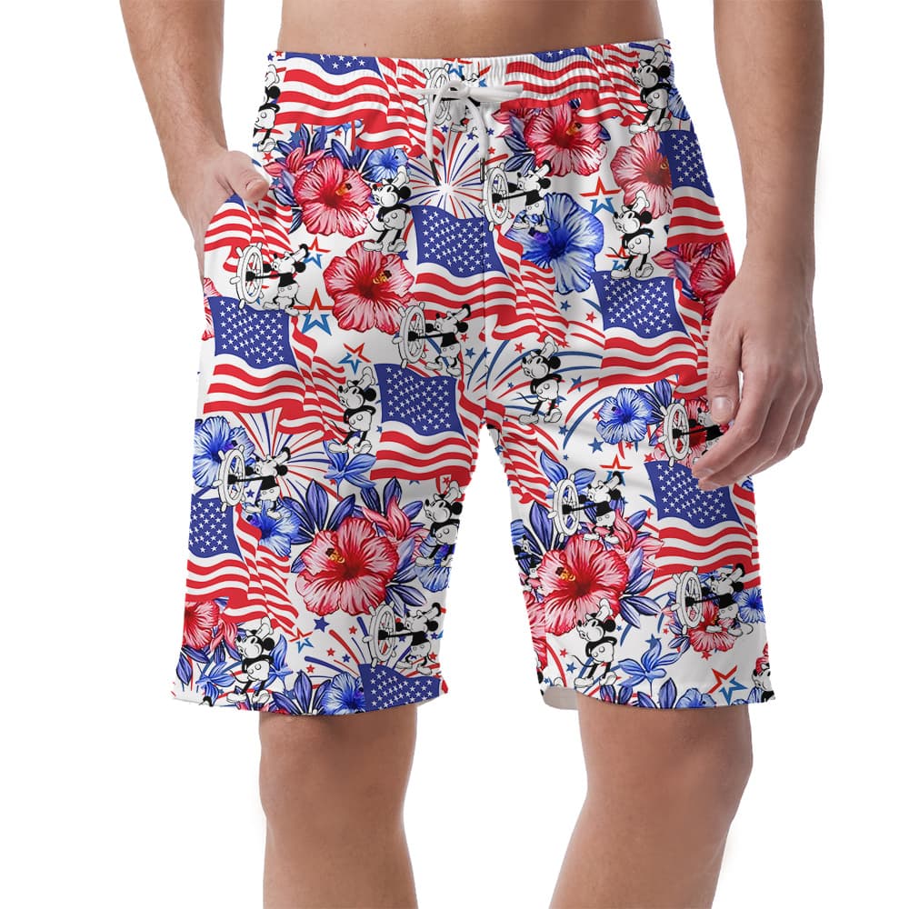 Patriotic Mickey Hawaiian Shirt Steamboat Willie 1928 4th of July Men’s Short