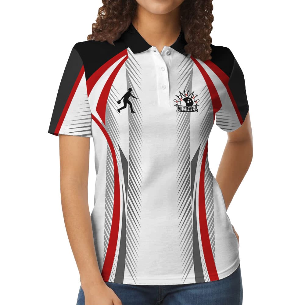 Personalized Bowling White And Black Women Polo Shirt6