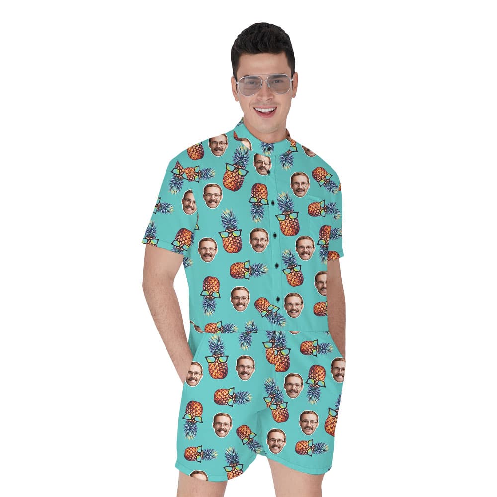 Pineapple And Faces Blue Men’s Hawaiian Romper1