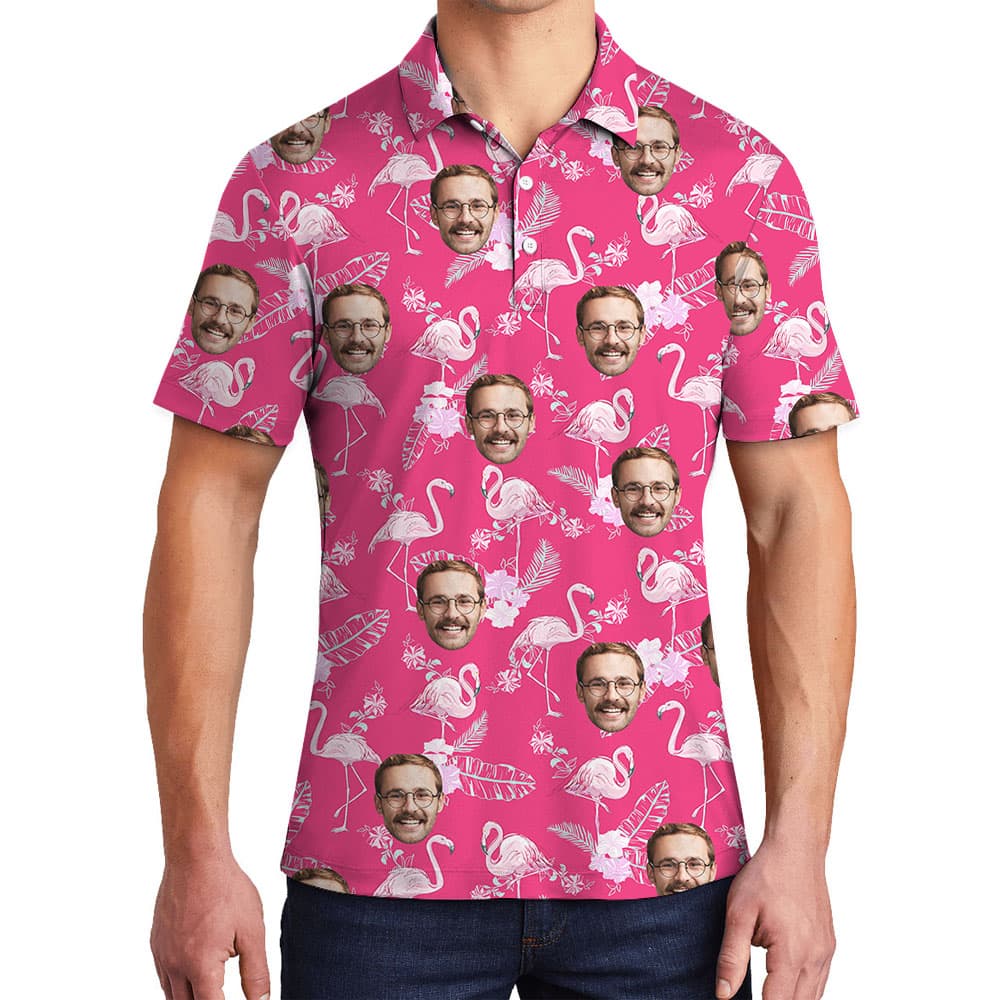 Pink Flamingo Men's Hawaiian Polo Shirt With Faces4