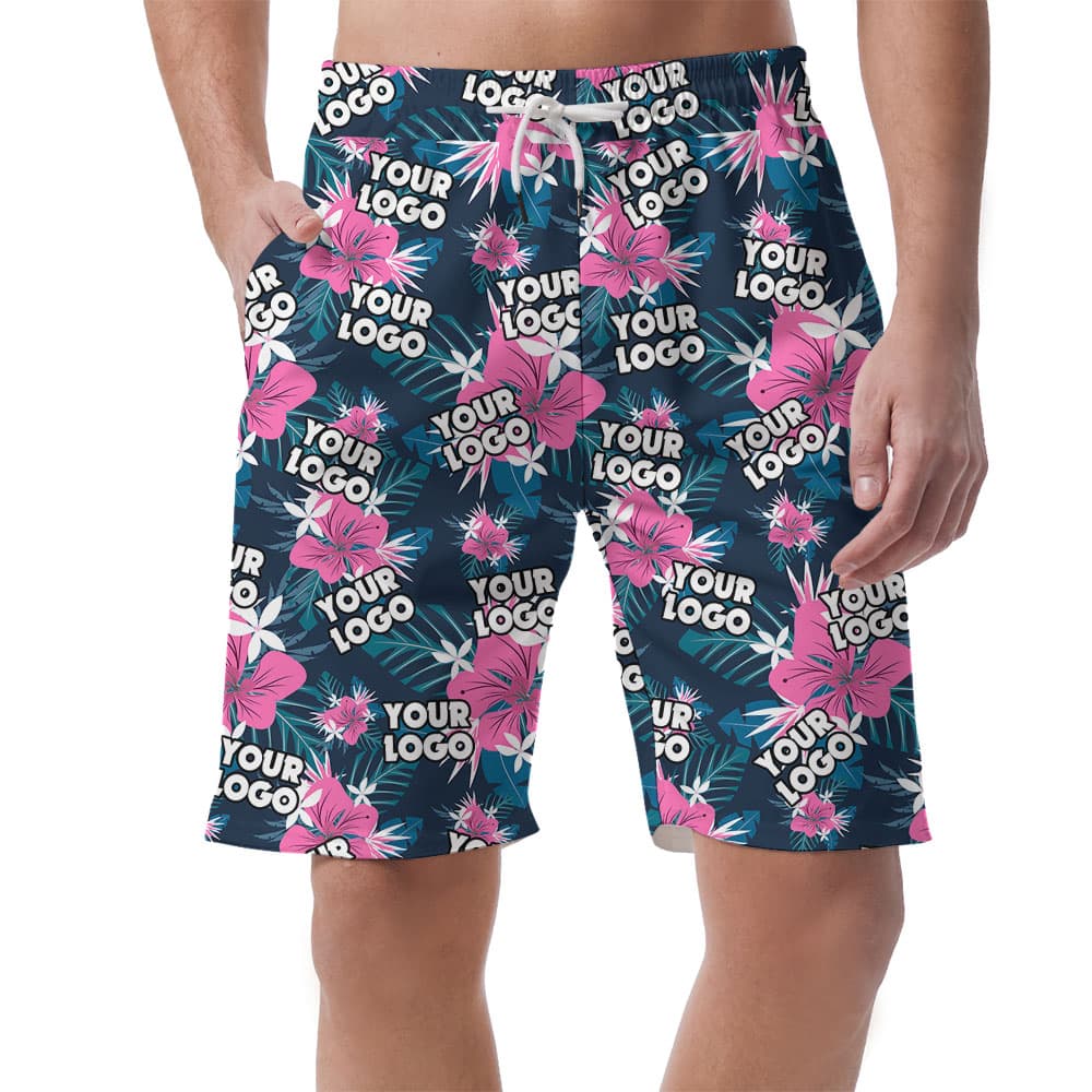 Purple Floral Tropical Men's Hawaiian Shorts With Logos1