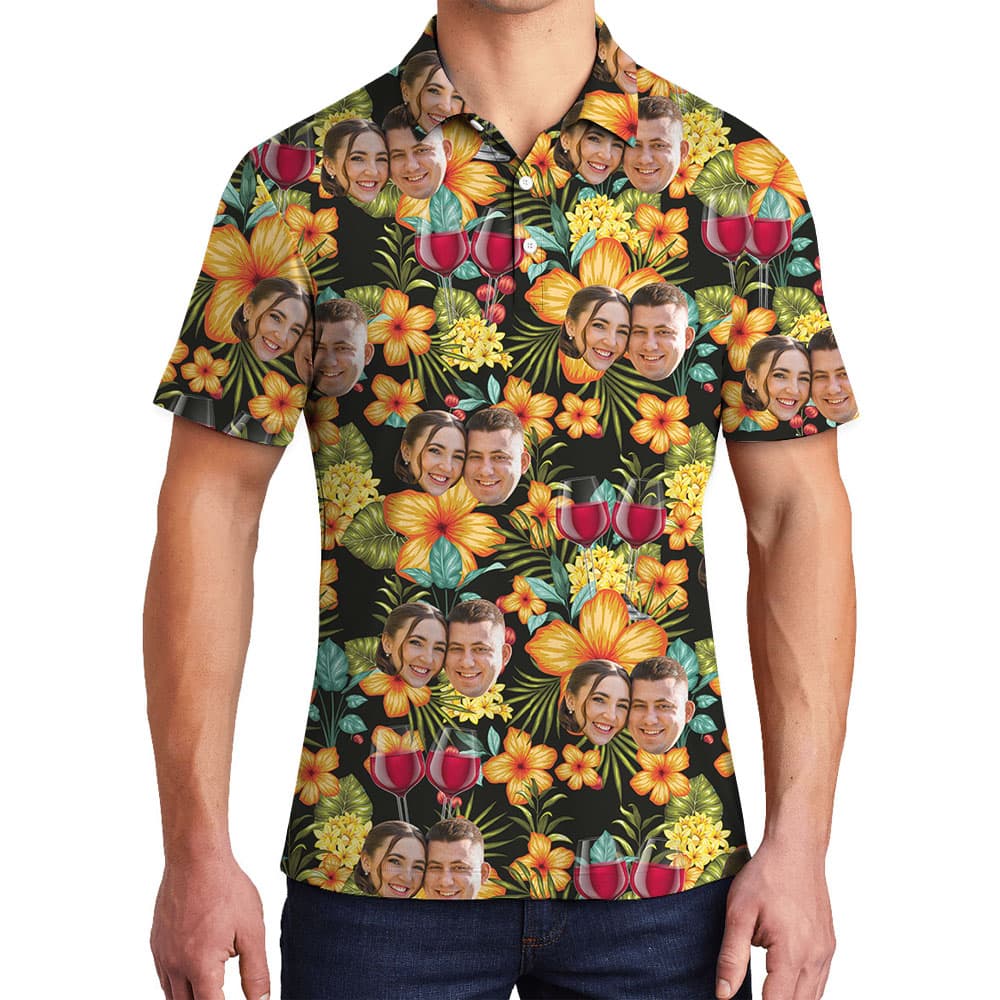 Red Wine Couple Faces Floral Polo Shirt4