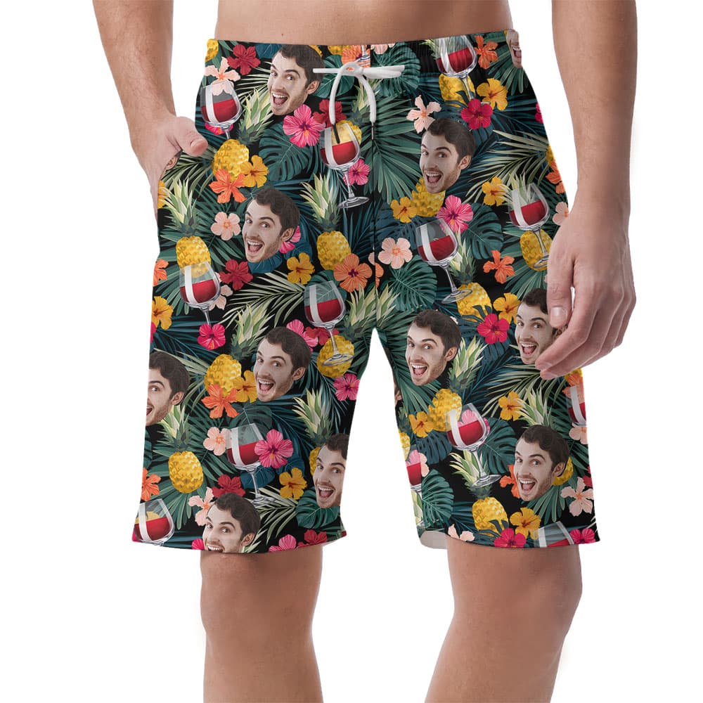 Red Wine Men's Beach Shorts With Multiple Faces1